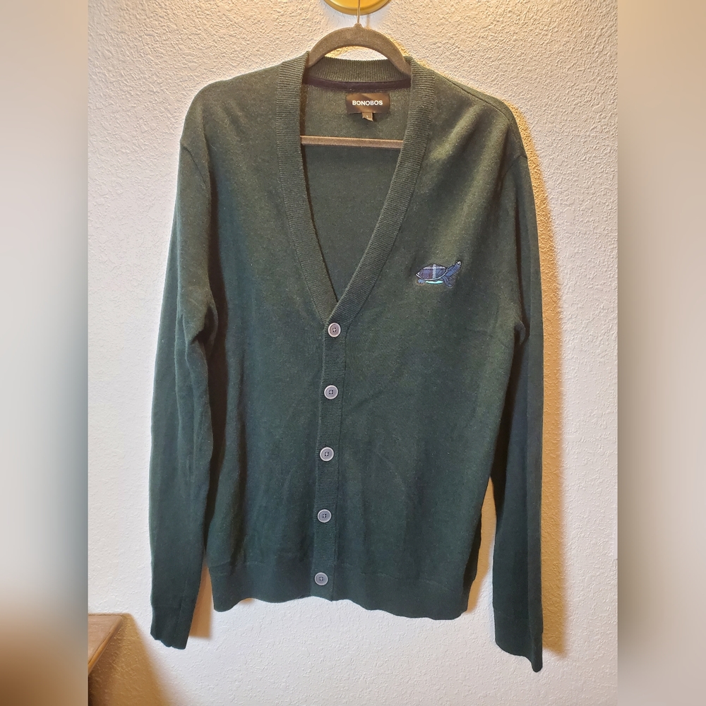 $129 BONOBOS Classic Cardigan Sweater MENs Lambswool Cashmere Novelty Turtle L